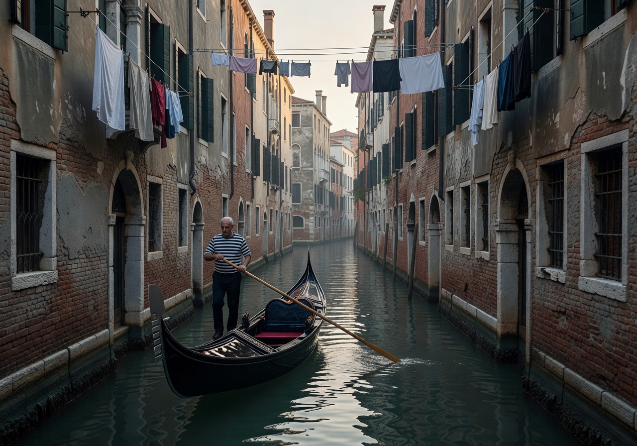 A lone gondola navigating a narrow Venetian canal between ancient buildings with laundry hanging above