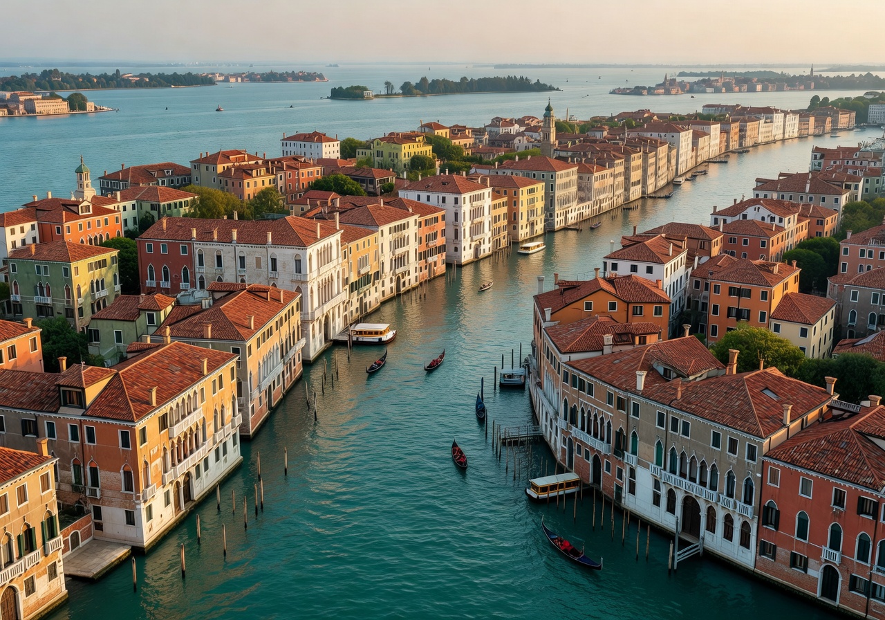 Breathtaking aerial view of Venice lagoon with historic buildings and winding canals at sunset