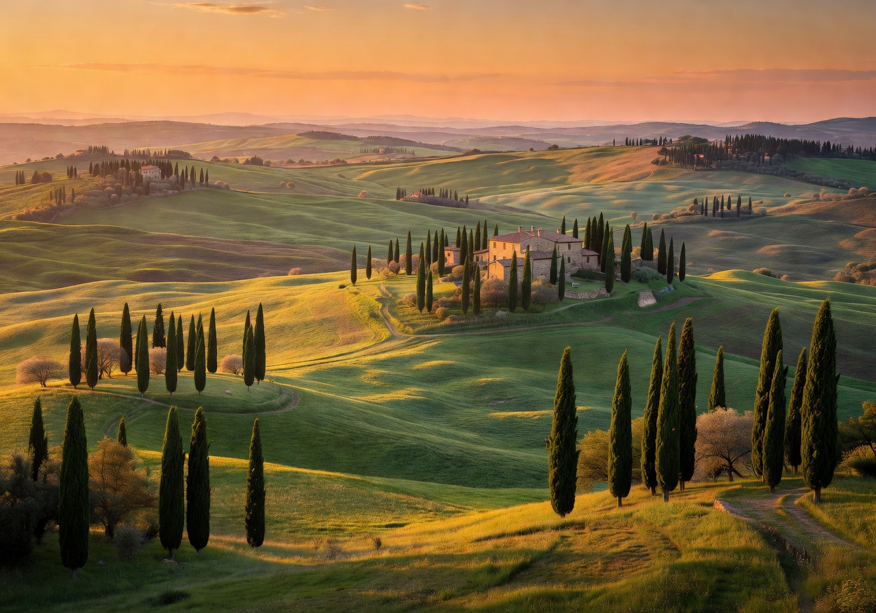 Beautiful Tuscan landscape at golden hour with rolling green hills and cypress trees stretching to the horizon