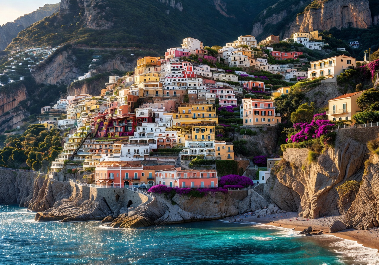 Dramatic view of Positano's colorful cliffside buildings cascading down to the sparkling Mediterranean Sea on the Amalfi Coast