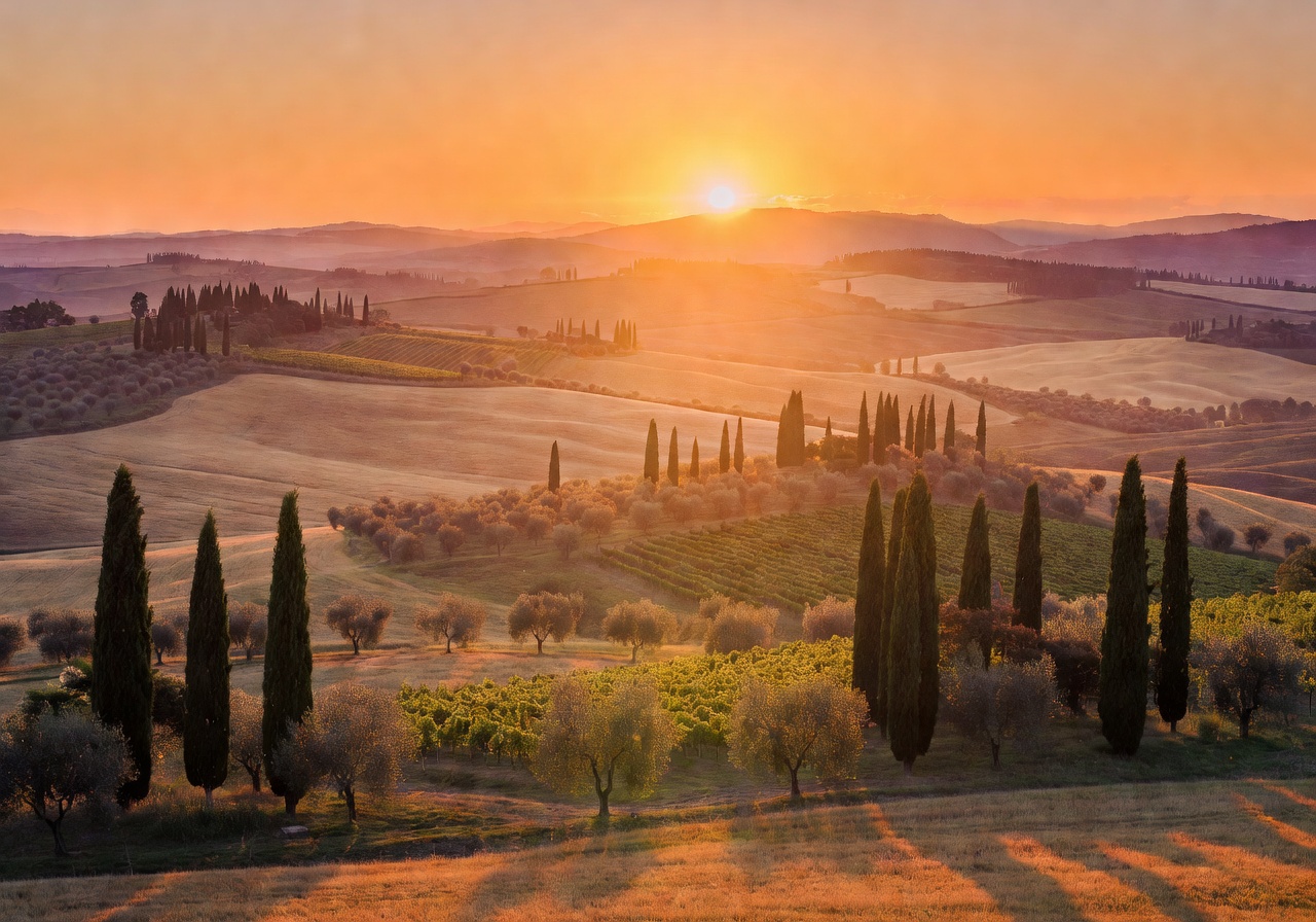 Golden sunset over the Tuscan countryside with rolling hills and cypress trees silhouetted against warm light