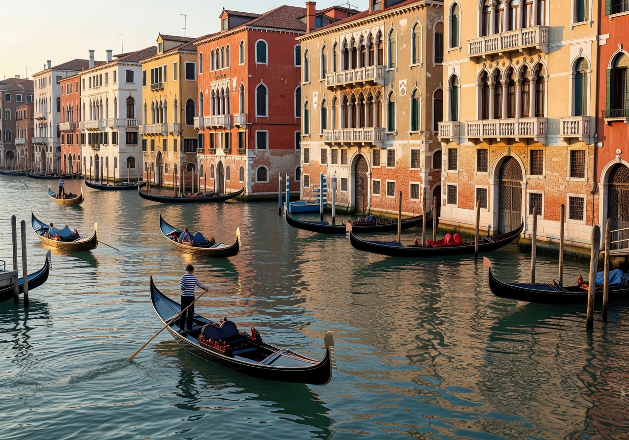 Gondolas floating on the Grand Canal in Venice with historic Venetian palaces in the background