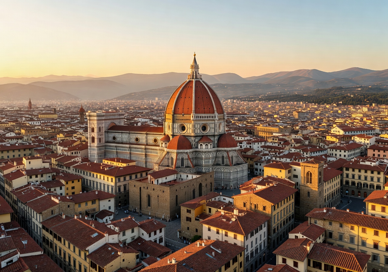 Panoramic view of Florence showing the Florence Cathedral and Brunelleschi dome surrounded by terracotta rooftops