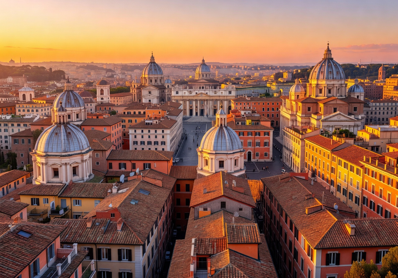 Panoramic view of Rome from Pincian Hill showing ancient domes and rooftops bathed in warm sunset light