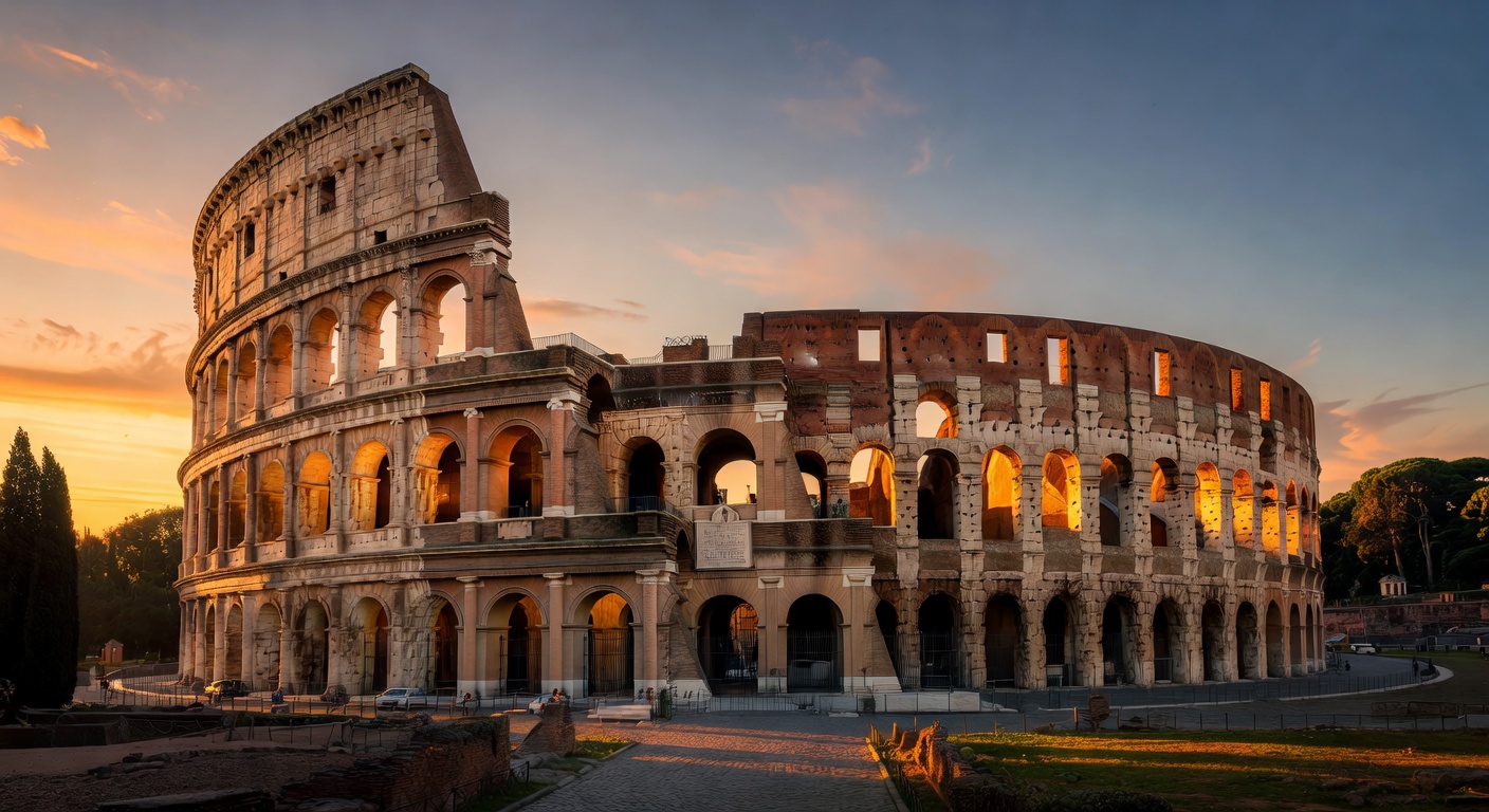 Panoramic view of the Roman Colosseum at golden hour with warm sunlight illuminating ancient architecture