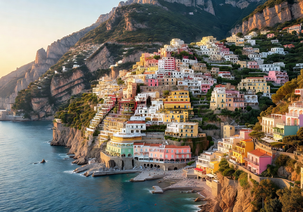Stunning view of Positano on the Amalfi Coast with pastel-colored buildings cascading down steep cliffs to the sea