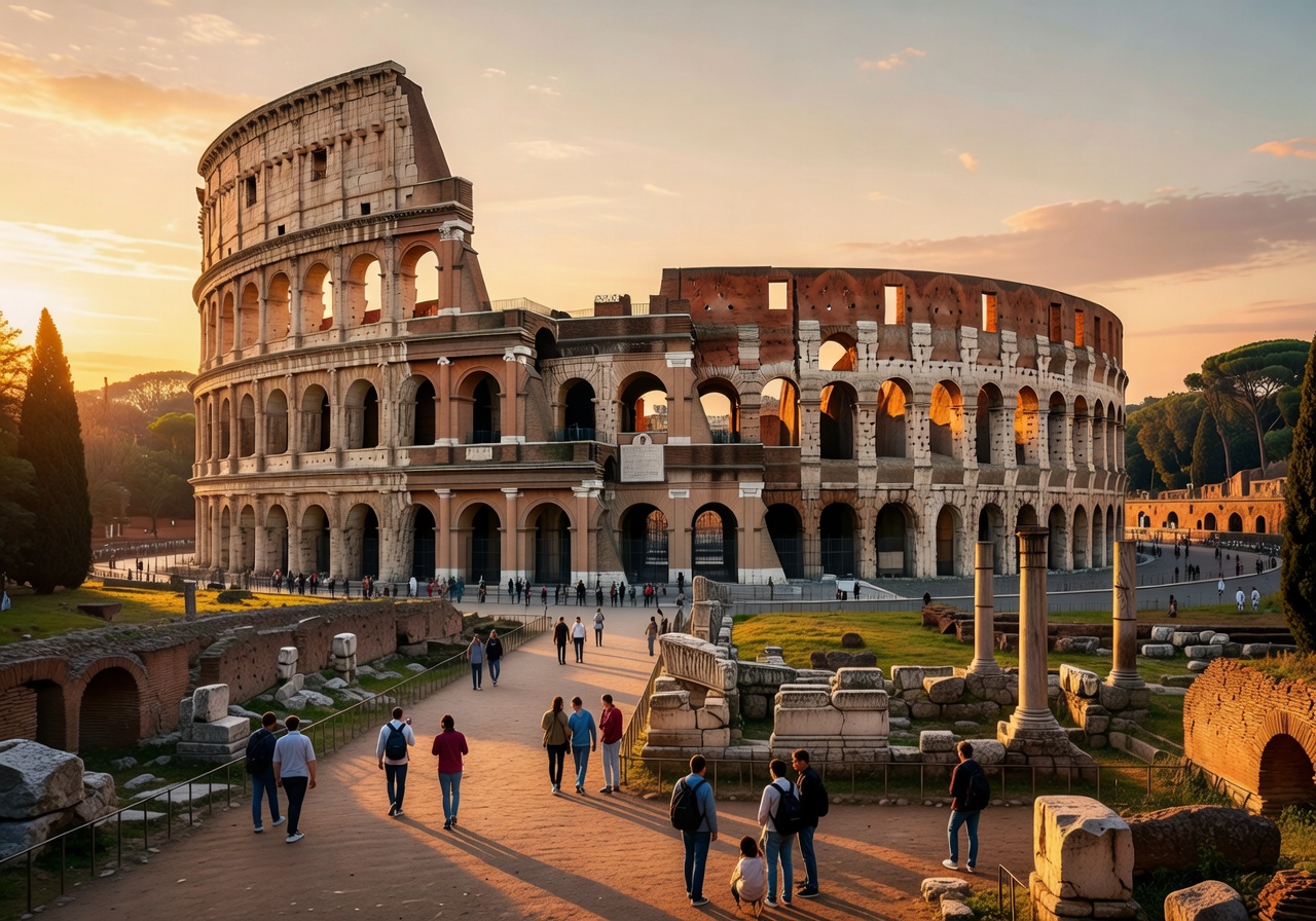 The ancient Roman Colosseum illuminated by warm golden light with tourists exploring the surrounding ruins