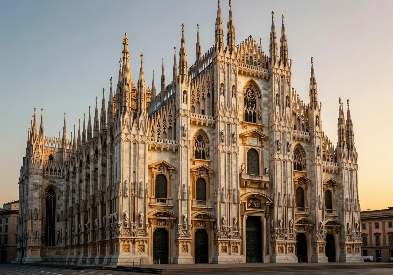 The magnificent Milan Cathedral Duomo di Milano bathed in warm light with its intricate Gothic marble spires