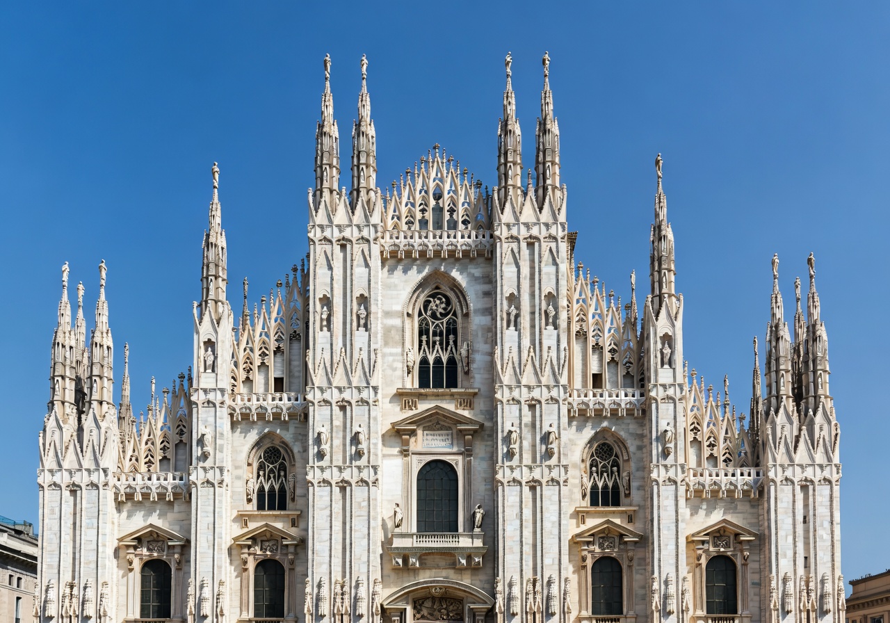 The magnificent Milan Cathedral Duomo di Milano with its Gothic spires against a clear sky