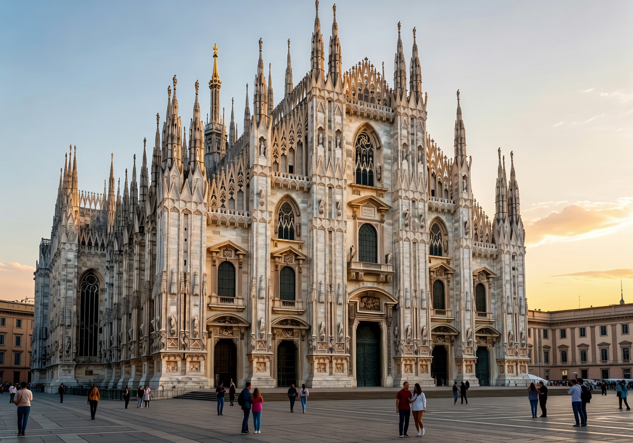 The majestic Milan Cathedral with its intricate Gothic spires and marble facade in the heart of Milan