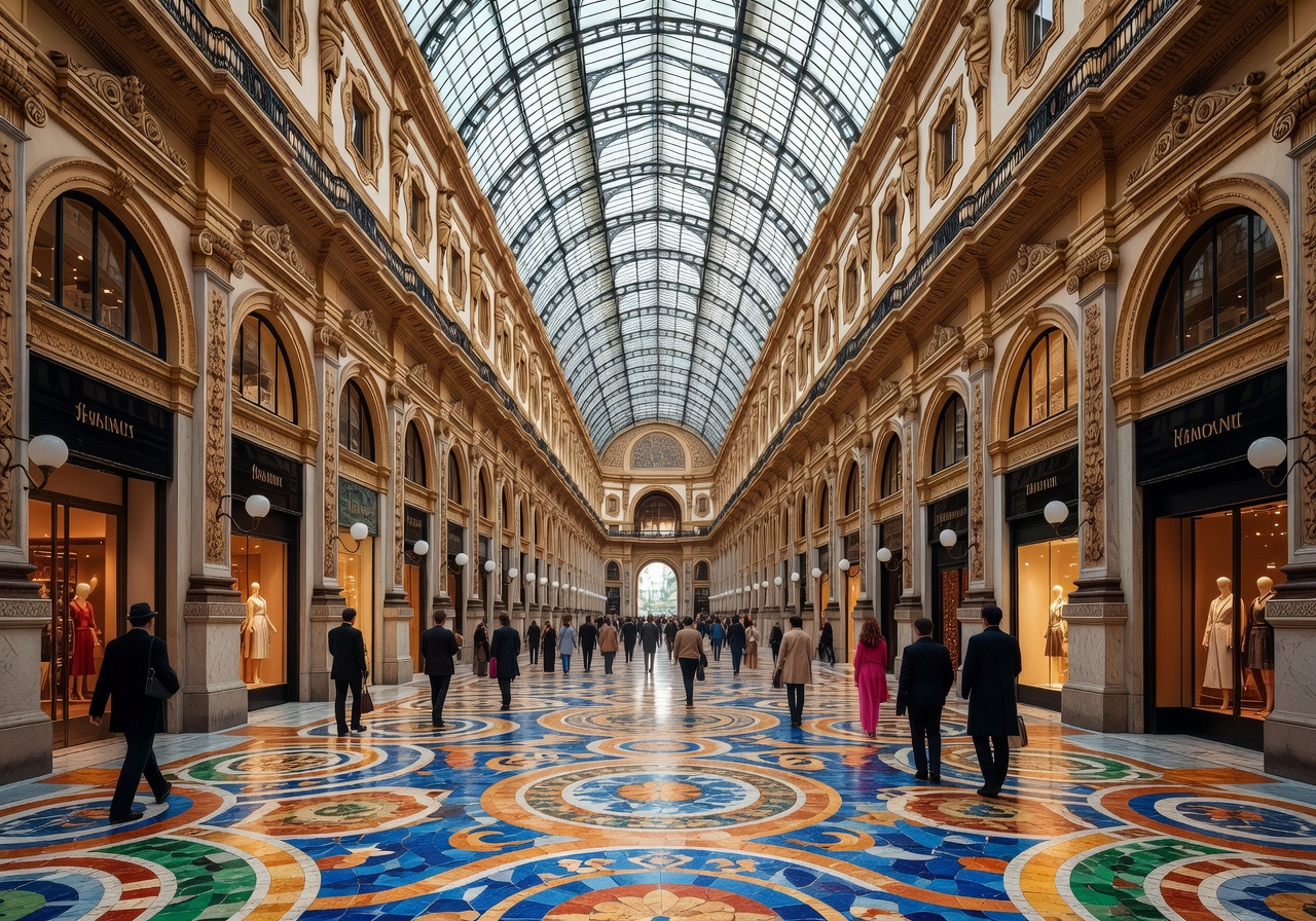 The ornate glass-roofed Galleria Vittorio Emanuele II shopping arcade in Milan with its stunning mosaic floors