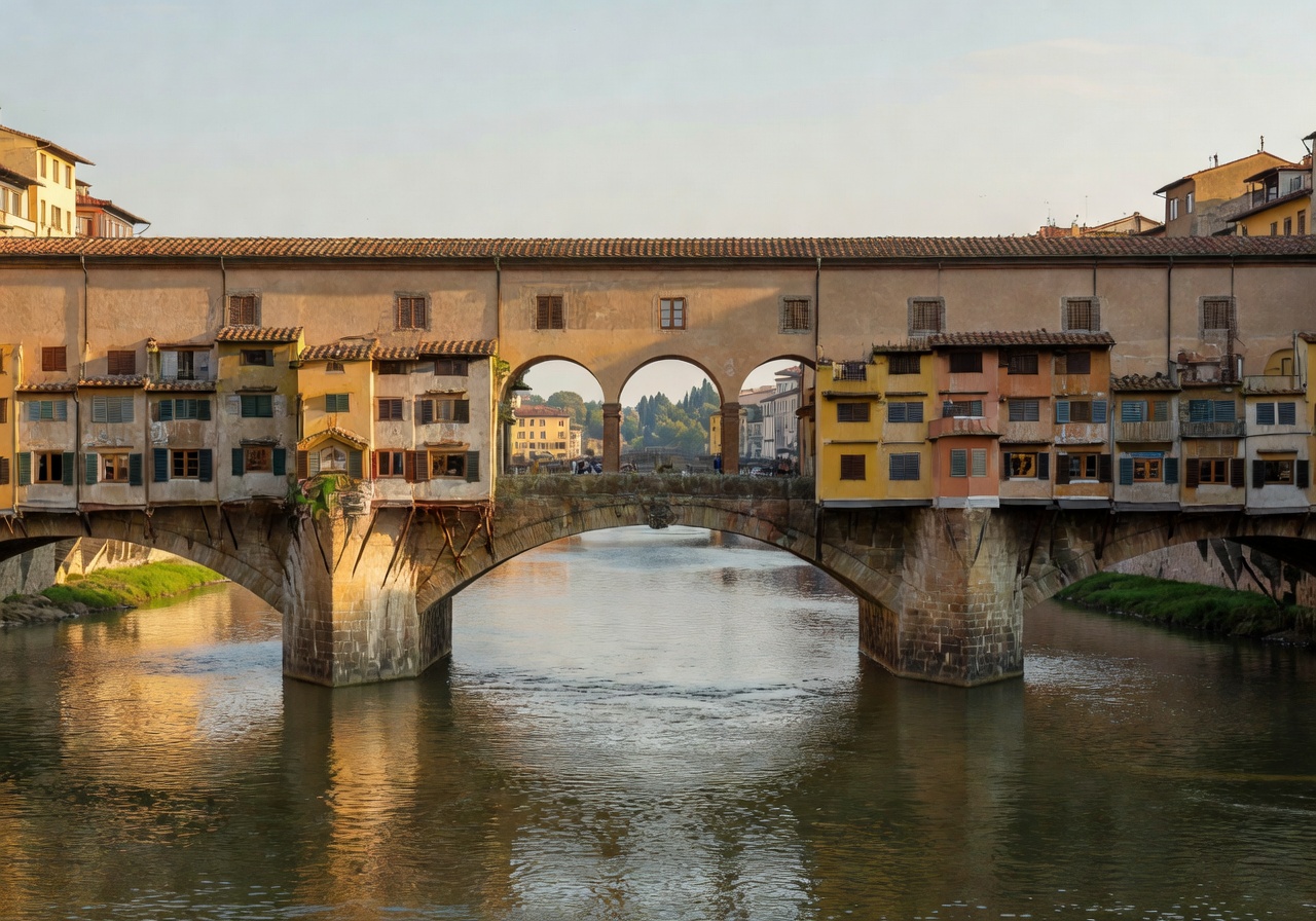The Ponte Vecchio bridge in Florence spanning the Arno River with its distinctive medieval shops built along the bridge