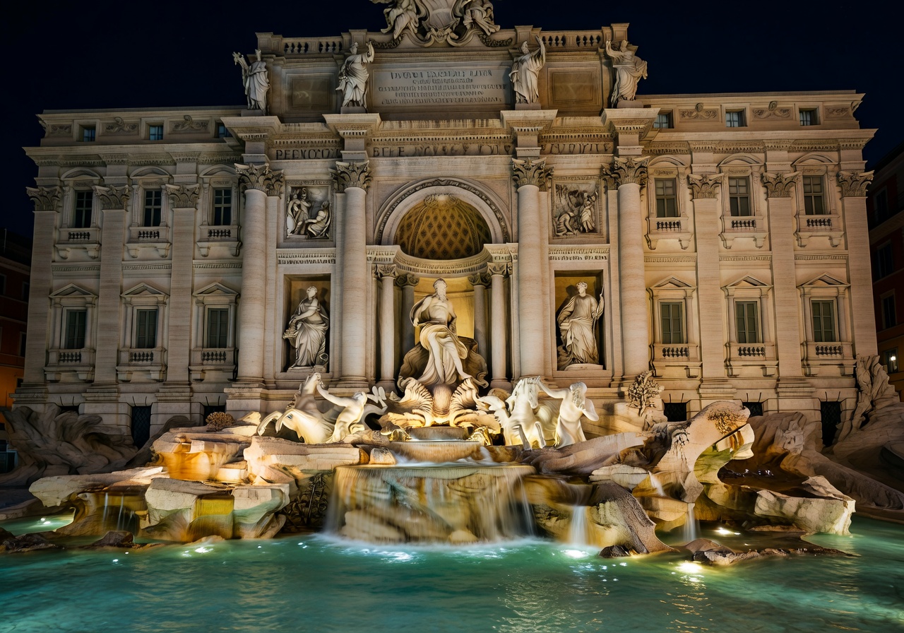 The Trevi Fountain in Rome beautifully illuminated at night with baroque sculptures and cascading water