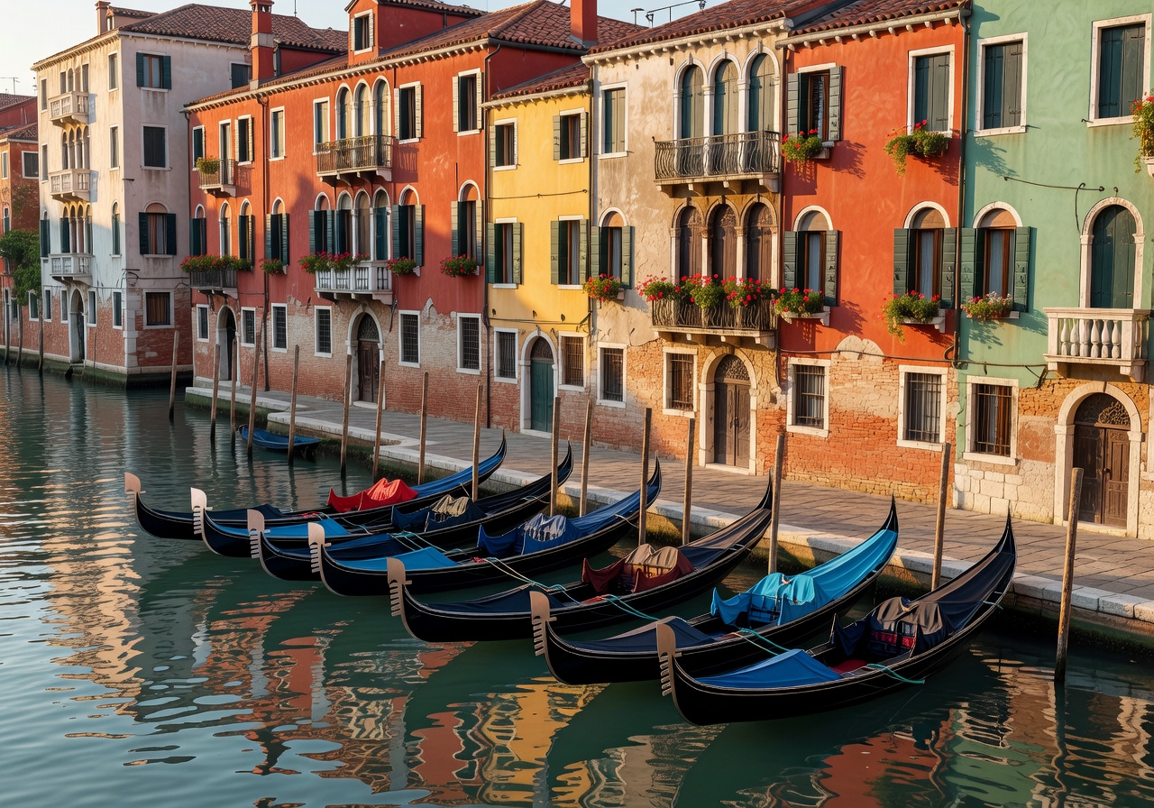 Traditional gondolas moored along a Venetian canal with colorful historic buildings reflecting in the water