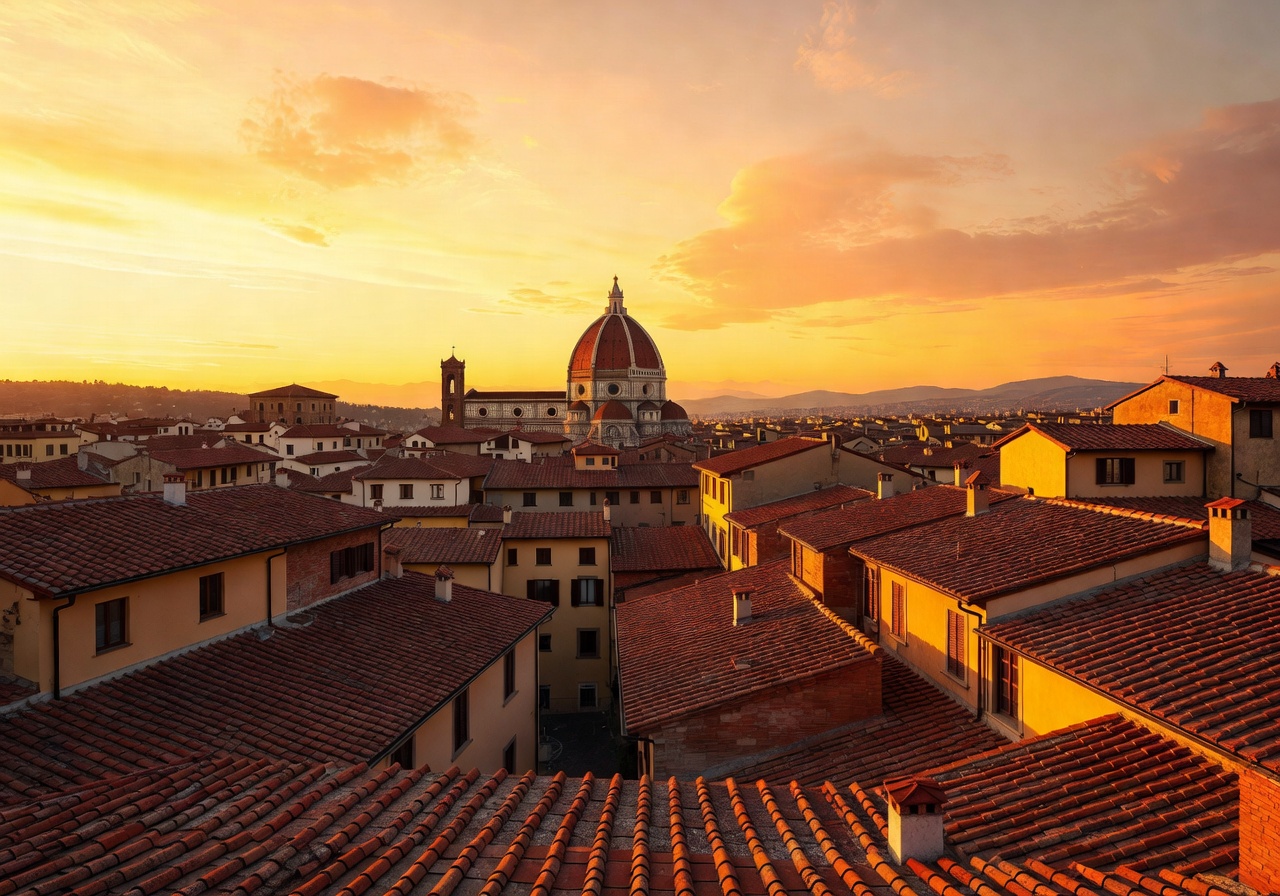 Warm sunset view over Italian terracotta rooftops with a distant cathedral dome silhouetted against golden sky