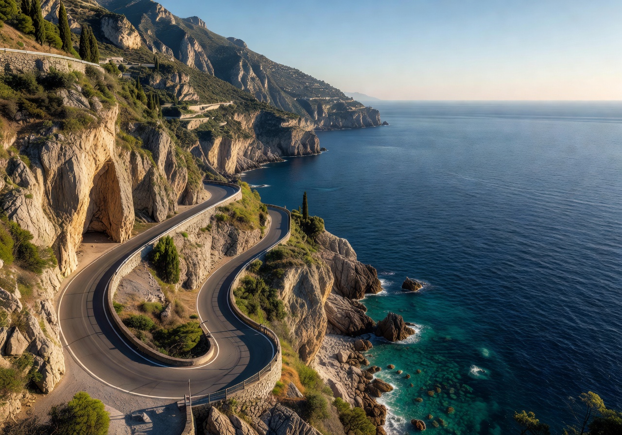 Winding coastal road along the Amalfi Coast with dramatic cliffs dropping into the deep blue Mediterranean Sea
